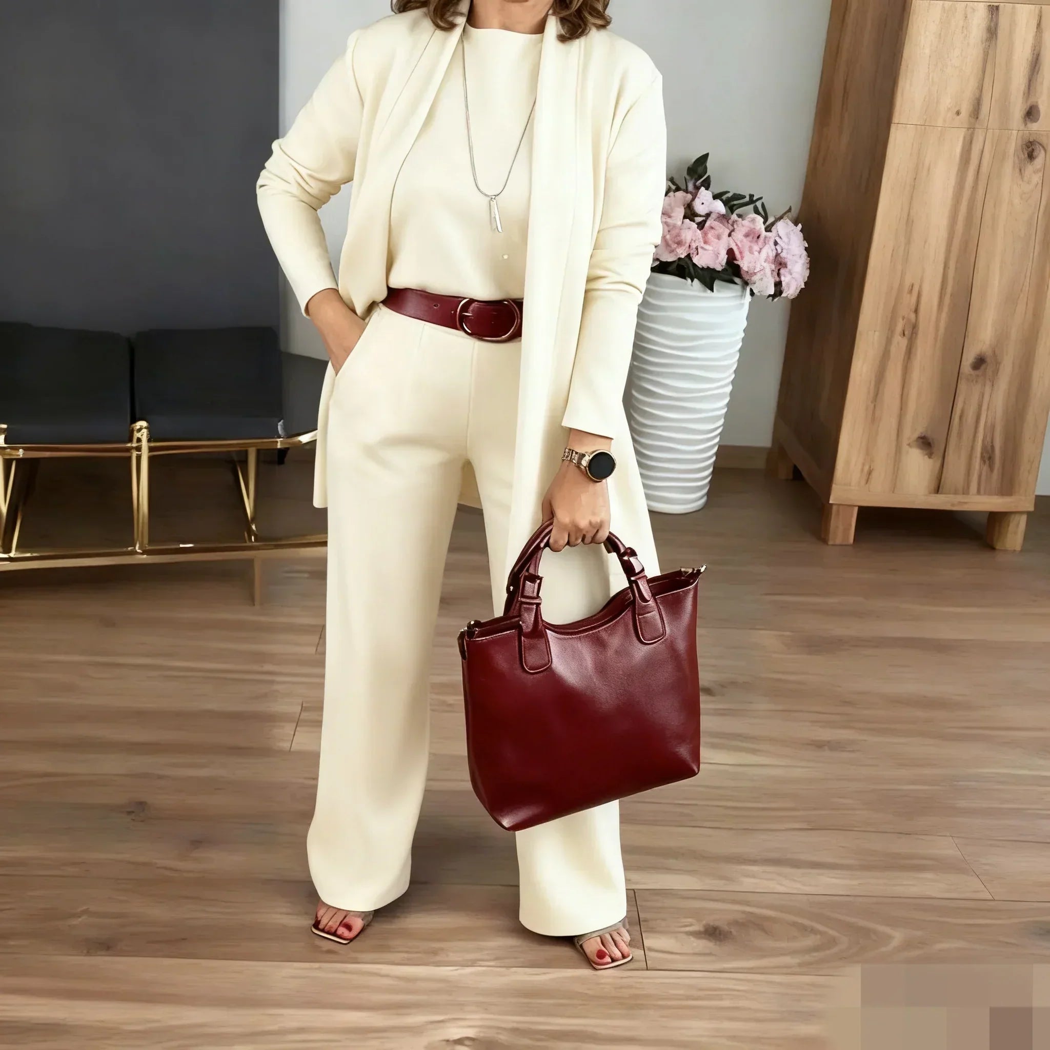 ⏳Oferta especial por tiempo limitado⏰Elegante conjunto de 3 piezas que incluye un cárdigan largo. un top y unos pantalones💞