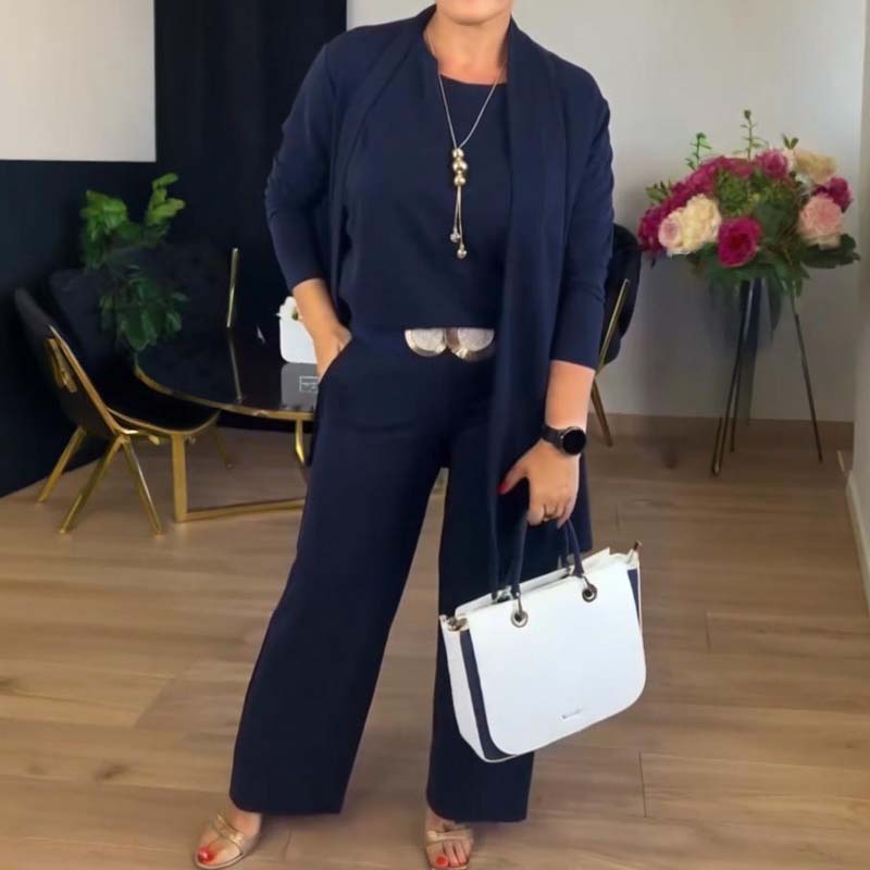 ⏳Oferta especial por tiempo limitado⏰Elegante conjunto de 3 piezas que incluye un cárdigan largo. un top y unos pantalones💞